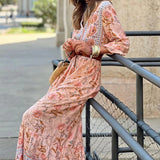Daiiibabyyy  Casual Long Sleeved Loose Beach Dress 2025 New Spring Floral Print Bohemian Dress Vintage Women V-neck High Waist Holiday Dress