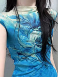Daiiibabyyy  New Design Sense Niche Summer Outfit Age Reducing Short Sleeved Blue Blend Top Women Unique Beautiful Mini
