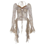 DAIIIBABYYY  -  New Women's Solid Color Slim Fit with Exposed Navel Fashion V-neck Hanging Neck Long Sleeved Top for Women