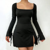 Daiiibabyyy  Autumn New Style Chic Sexy Square Neck Long Sleeve Lace-up High Waist Bodycon Solid Color Slit Mini Dress Casual Streetwear