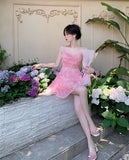 Daiiibabyyy  New Pink Romantic Floral Skirt Summer Slimming Solid Color Fashionable and Fresh Short Skirt Small Slim Strap Dress S6YW