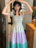 Daiiibabyyy Y2K Plaid Patchwork Midi Dresses for Women Puff Sleeves Square Collar New Summer Boho Holiday Dress Korean Fashion Vestido Mujer