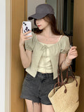 Daiiibabyyy  Fake Two Pieces Woman All Match T Shirts Korean Slash Neck Puff Sleeve Tunic Tees Korean Casual Fashion Summer Bandage T-shirts