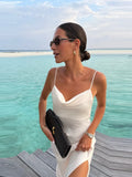 Daiiibabyyy  Women's Elegant Satin V Neck Long Dress Sleeveless Backless High Fork Robes Vacation Beach Maxi Vestidos New Lady Dresses