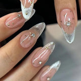 Daiiibabyyy  24Pcs Mid-length Almond Press on False Nails White Gradient Bow Star Love Heart Fake Nails Pearl Reusable Full Cover Nails Tips