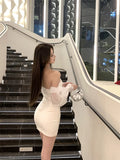 Daiiibabyyy  Sexy Short Shoulder One-Piece Dress Women Slim High Waist Long Sleeve Lantern Sleeve Street Style Pure Color Embroidered Dress