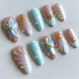 Daiiibabyyy  24PCS Glossy 3D Flower Butterfly Almond False Nails Sweet Pink Gradient with Pearl French Press on Fake Nails Wearable Ins Nails