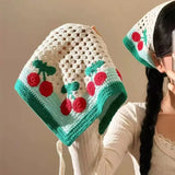 Daiiibabyyy  Women Boho Crochet Head Scarf  Sweet Cherry Triangle Hair Scarves Pastoral Style Headbands For Vacation Spring Hair Accessories