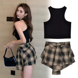 DAIIIBABYYY  -  Sexy U-Neck Short Sleeve Women's Top And High Waist Plaid Skirt Two-Piece Set Fashionable Belted Waist Design Polyester Fiber
