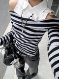 Daiiibabyyy  Early Autumn Slim Fit Split Two-Piece Striped One Shoulder Shirt Women Fall New Arrival Long Sleeve Top