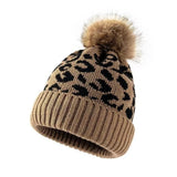 Daiiibabyyy  Trendy Thickened Leopard Print Hat Cozy Curled Edge Wool Ball Hat Warmth Knitted Hat Autumn Winter Outdoor Wear
