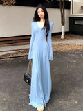 Daiiibabyyy  French Knitted Long Dress Coat Women's Early Spring Design Waist Cinching Gown Elegant Classy A- Line Skirt