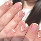 Daiiibabyyy  24Pcs Yellow French Shiny Powder Line False Nails Press on Short Square Head Fake Nails for Woman Wearable Full Cover Nails Tips