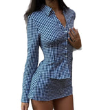 Daiiibabyyy  Summer New Style Shirt Collar Long Sleeve Single Button Short Skirt Set Women's Business Casual Polyester Fiber Dress