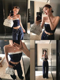 DAIIIBABYYY  -  Pants Set Women's Summer Blue Contrasting Strapless Hot Girl Top High Waist Slimming Denim Pants Two-piece Set Female Clothes