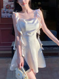 Daiiibabyyy Elegant Party Y2k Mini Stain Dress Women Sleeveless Fairy Strap Dress Office Lady Vintage One Piece Dress Korean Summer