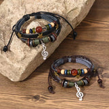 Daiiibabyyy  Handmade Hippie Design Brown Leather Bracelet Women Metal Star Note Charms Wood Button Beads Wrap Unisex Adjustable Bracelet