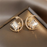 Daiiibabyyy  Women Star & Moon Crystal Earrings Elegant Light Luxury Exquisite Shiny Zircon Ear Studs Golden Fashion Jewelry Gifts