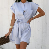Daiiibabyyy  Summer Clothes Women's Jumpsuit Capri Sleeve Romper Beige Elastic Waist Short Jumpsuit Light Blue Loose Fit Casual Jumpsuit