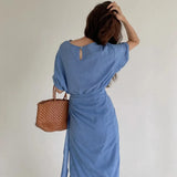 Daiiibabyyy  Women Linen Wrap Midi Dress Round Neck Short Sleeve Side Tie Ruched Irregular Hem Casual Vacation Dress