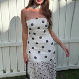 Daiiibabyyy  Sexy Strapless Match Scarf Women Long Dress Elegant Mesh Patchwork Hem Maxi Dress Fashion Polka Dot Print Sleeveless Party Dress