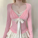 Daiiibabyyy  Fashion Sexy Sweet Bow Tie with Pink Long Sleeved T-shirt Slim Fit Slimming Spicy Girl Base Top