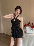 Daiiibabyyy  Pure and Unique Halter Neck Strapless Dress Nightclub Mesh Makes You Look Thin