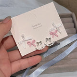 DAIIIBABYYY  -   Korean Fashion Ballet Style Ribbon Bow-knot Shape Pearl Stud Earrings Set for Women Kpop Pink Blue Charm Earring Jewelry