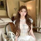 Daiiibabyyy  New French Slim Fit Lolita Neta Shirt Coarse Floral Blue Velvet Patchwork Lace Bow Short Sleeved Top Women