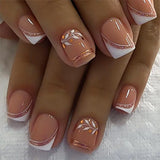 24Pcs Short Nude Square Fake Nail Colorful French Simple Flower Design Press on False Nails Detachable Full Cover Nails Tips Art