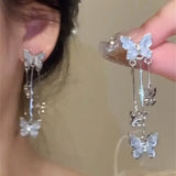 Daiiibabyyy  Elegant Purple Glass Butterfly Long Tassel Earrings for Women Delicate Rhinestone Crystal Insect Earrings Luxury Party Jewelry