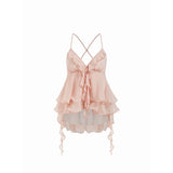 Daiiibabyyy  Y2k Cute Pink Ruffle Chiffon Cami Top Sexy V-neck Vest Tiered Flowy Sleeveless Blouse Summer New Casual Women's Clothing
