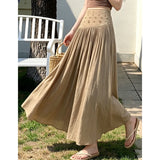 Daiiibabyyy  Women Bohemian Vacation Skirt High Waisted Solid Pleated Summer Skirt A Line Beach Vintage Yellow Casual Preppy Style Skirt