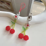 Daiiibabyyy  Handmade Red Bead Keychain Colorful Cute Exquisite Fruit Flower Bag Mobile Phone Pendant Fashion Purse Headphone Bag Accessories