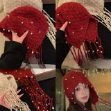 DAIIIBABYYY  -  Korean Autumn and Winter Hand-crocheted Fringed Pearl Pullover Knitted Hat Warm Ear Protector Strap Skull Beanie Cap for Women's