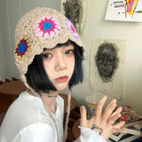 DAIIIBABYYY  -  Bohemian Mori Women's Hats Ins Korean Version Spring and Summer Vacation Bucket Hat Handmade Flower Fresh Crochet Beanies
