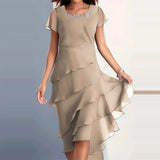 Daiiibabyyy Elegant Lady Patchwork Chiffon O Neck Short Sleeve Dress Fashion Sexy Female Casual Party Dress New Women's Tierred A Line Dress