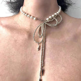 Daiiibabyyy  Beaded Bow Imitation Pearl Strap Necklace Rivets Tassels Round Beads Punk Street Hip-Hop Choker Necklace Design Sense Jewelry