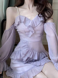 DAIIIBABYYY  -  Purple Off Shoulder Kawaii Dress for Women Summer Slim Ruffle Patchwork Sweet Party Female Korean Sexy Fairy Mini Dresses