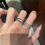 Daiiibabyyy  Italian Retro Jewelry Hollow Lace Honeycomb Design Silver Color Rings Black Enamel Inlaid Zircon Ring For Women