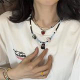 Daiiibabyyy  Fashionable Spotted Dog Kitten Fish Pendant, Contrast Beaded Y2k Clavicle Chain, Suitable For Girls' Party Jewelry