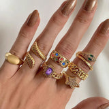 Daiiibabyyy  Vintage Metal Crystal Rings Set for Women Gold Color Rhinestone Star Square Zircon Snake Ring Girls Punk Opened Jewelry Gift