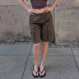 Daiiibabyyy  Women's Summer Shorts Cotton Mid Waist Drawstring Short Pants Olive Green Flap Pocket Casual Shorts Brown Loose Fit Cargo Shorts