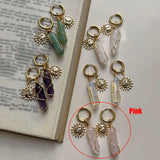 Daiiibabyyy  Retro Bohemian Natural Stone Hexagonal Prism Pendant Sun Ear Buckle Chic Vacation Style Fashion Earrings Jewelry For Women