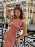 Daiiibabyyy  Women Chic Patchwork Slim Fit Dress Deep V Neck Solid Robes Casual Flouncing Lace Vestidos New Lady Spring Summer Dresses