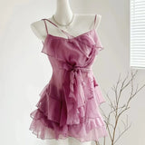 DAIIIBABYYY  -  Sweet Hot Girl Purple Suit Women's Summer Strap Ruffled Camisole Sexy Flower Backless A-line Short Skirt Fashion Two-piece Set