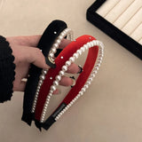 DAIIIBABYYY  -  High-Grade Satin Pearl Headband Korean Retro Double Layer Hair Band Women's Net Red High Skull Top Headband Head Accessories