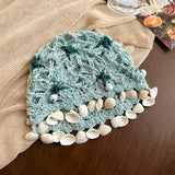 DAIIIBABYYY  -  Bohemian Ethnic Style Shell Pendant Hollow Pullover Hat Women's Summer Fashion Breathable Handmade Crochet Knitted Beanie Cap