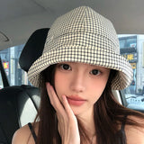 DAIIIBABYYY  -  New Korean Version of Literary Plaid Bucket Hat Women's Summer Sunscreen Big Brim Lace-up Dome Foldable Sun Cap Gorras
