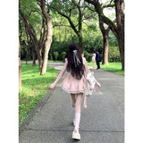 Daiiibabyyy  Kawaii Pink Mini Dress Women Party Cutecore Lace Patchwork Dresses Summer Japanese Fashion Flying Sleeve Bodycon A Line Vestidos